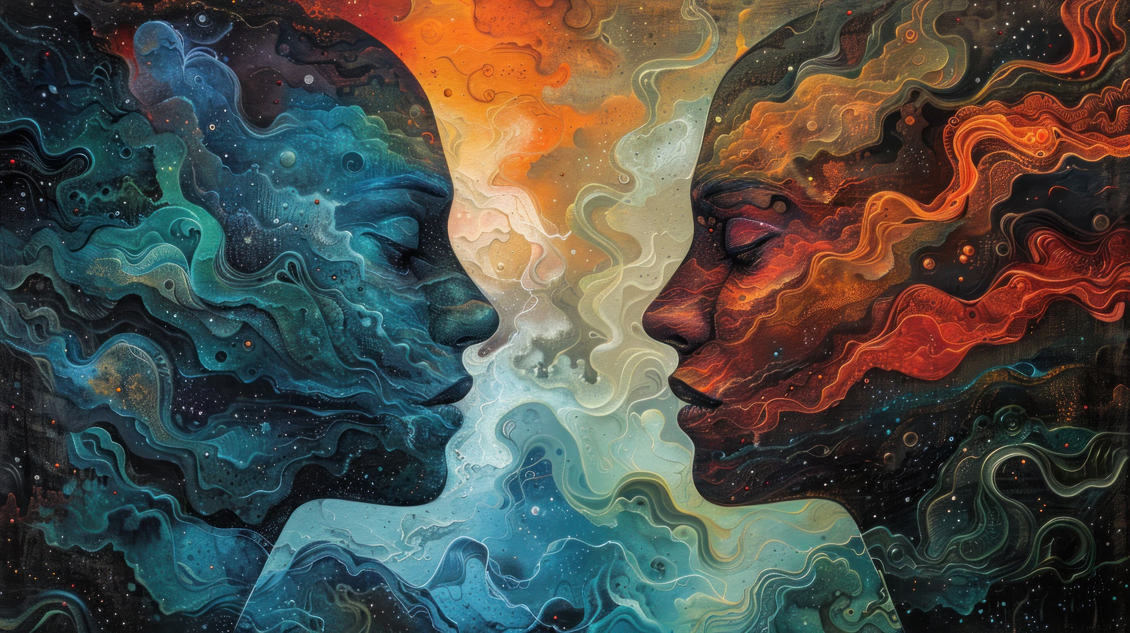 Paintinf of Two Faces With Colorful Swirls Nebulae Concept